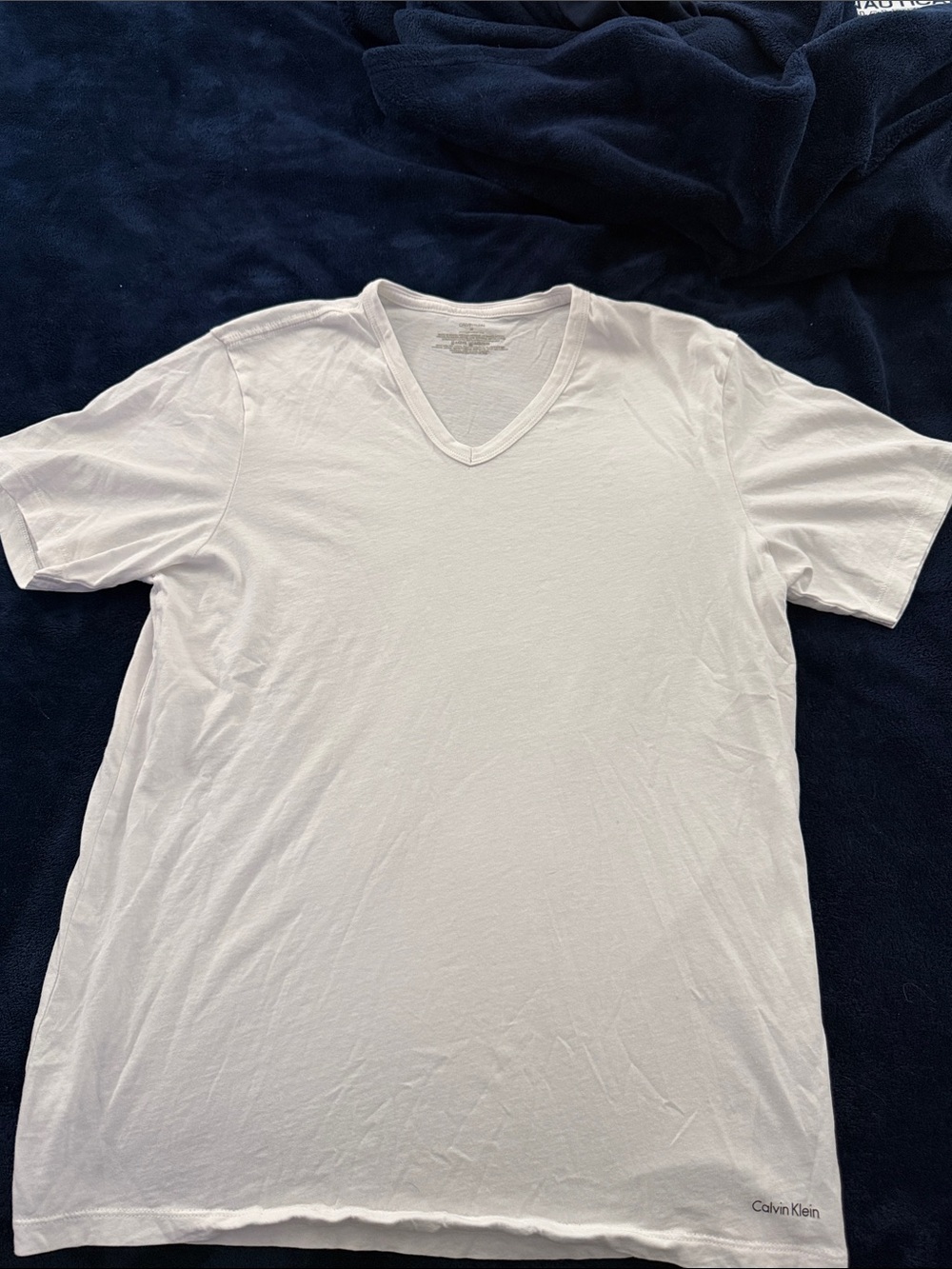 3 Calvin Klein White V-Neck Shirts with Subtle Logo